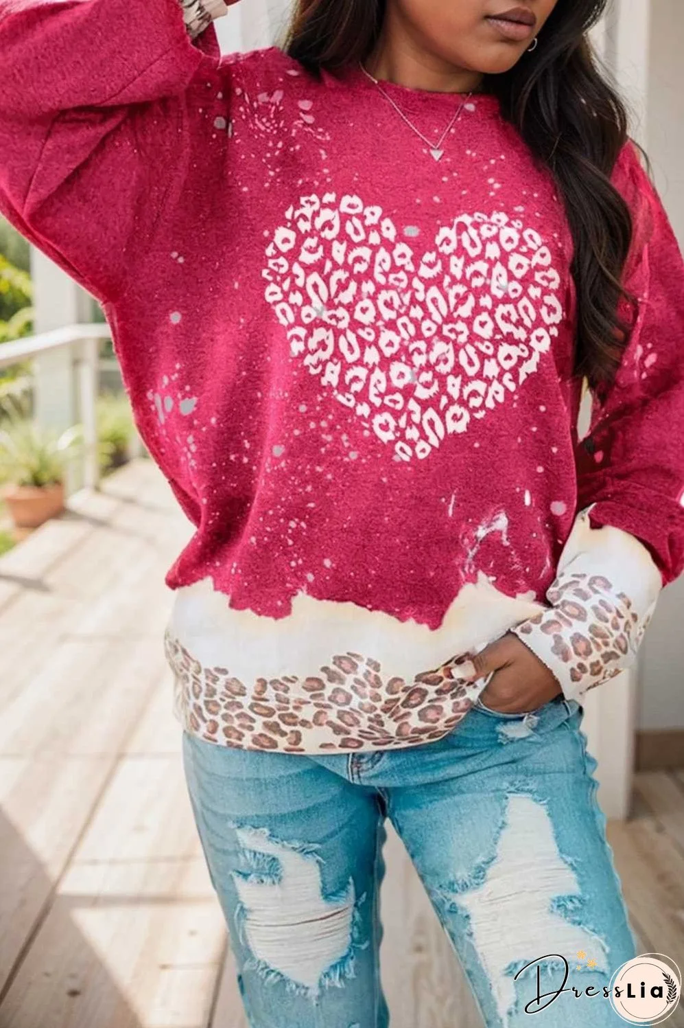 leopard heart graphic red sweatshirt with fiery bleached details