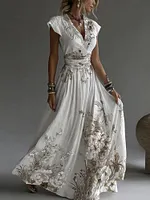Women's Vintage Floral Pattern V Neck Short Sleeve Maxi Dress