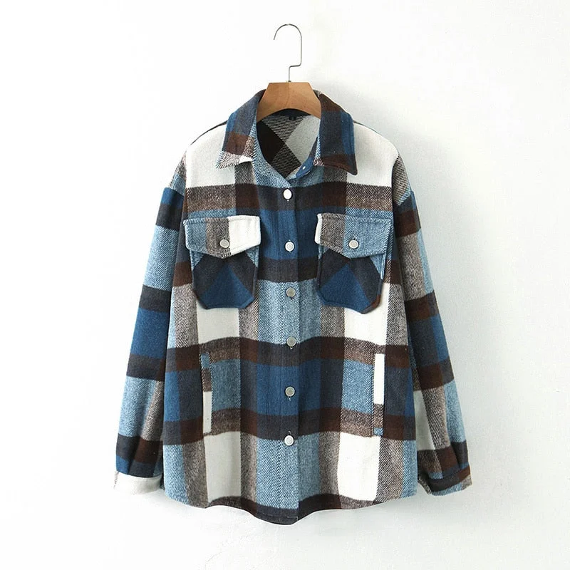 Fitshinling Vintage Checker Blouse Shirt Women Pockets Long Sleeve Tops 2021 High Quality Plaid Oversized BF Shirts Female Sale