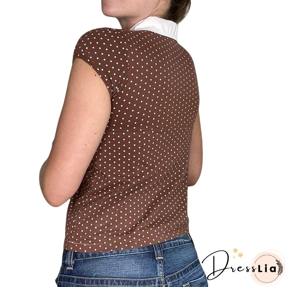 Y2k Polka Dot T Shirt Vintage Women Lapel Neck Short Sleeve Tie Up Tee Top Fairy Grunge Clothes E Girl Streetwear