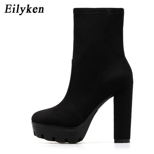 Eilyken 2022 New Fashion Autumn Winter High heels Ankle Boots Women Thick Heel Platform Boots Ladies Worker Boots size 41 42