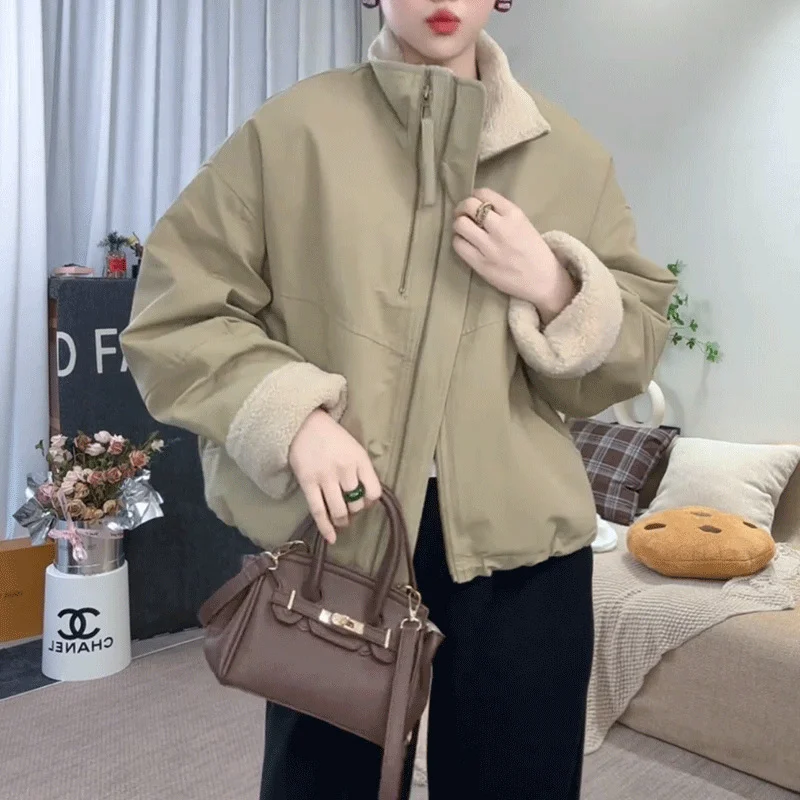 Toloer Short Plus Wool Lamb Coat Female Autumn And Winter New 2024 Korean Version Popular Small Thick Warm Jacket-Outfit Ideas