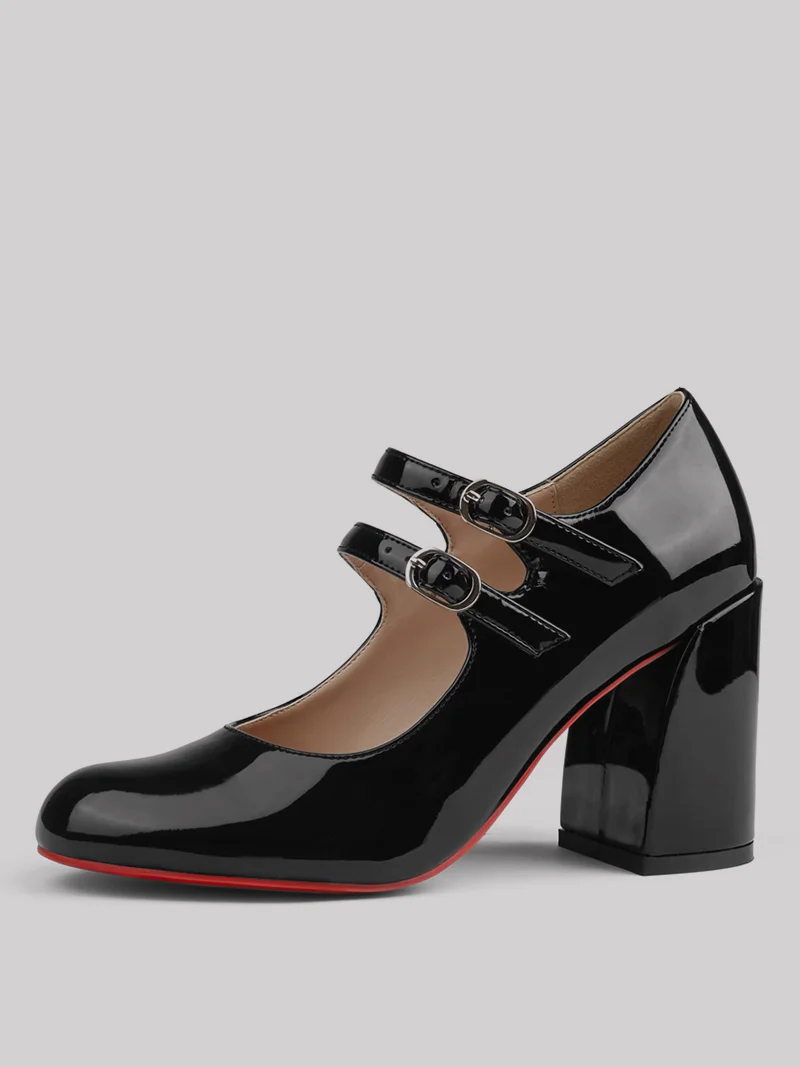 85mm Women's Chunky Heels Red Bottom Block Heel Patent Pumps
