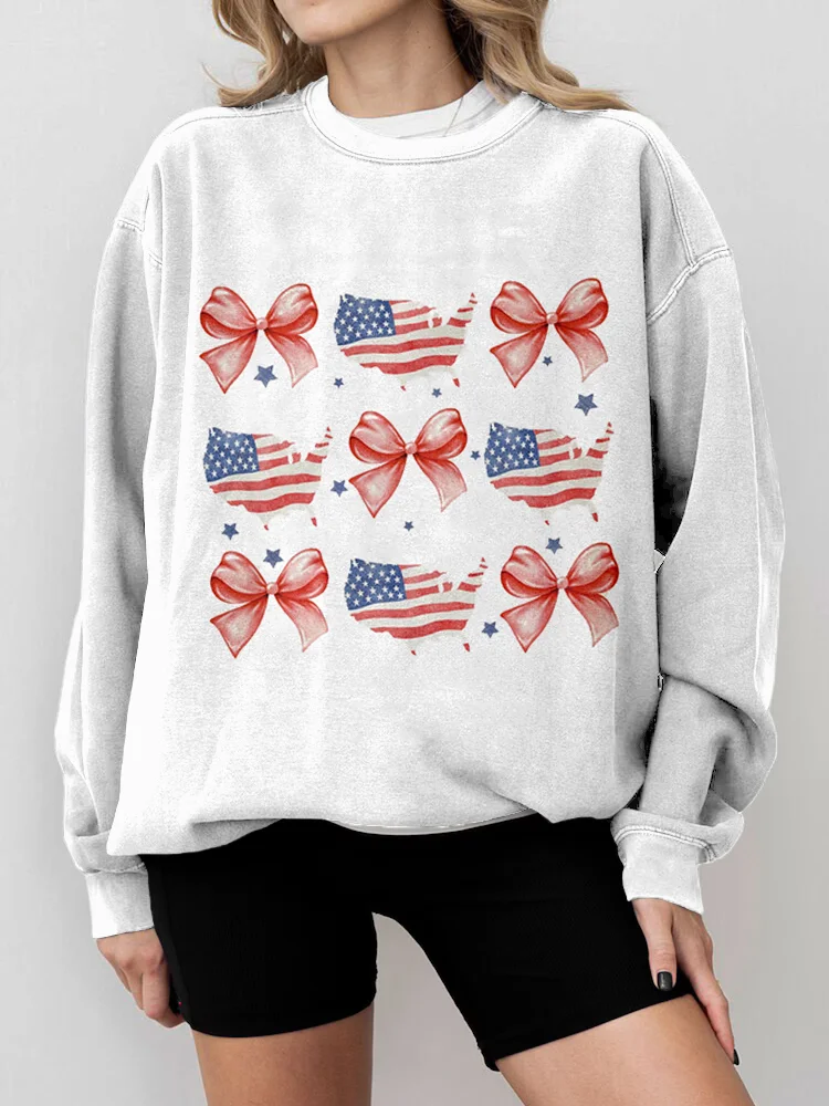 VChics American Flag Inspired Coquette Bow Washed Sweatshirt