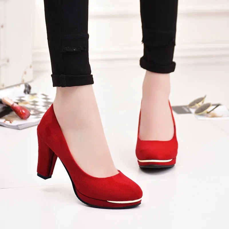 High QualityHigh-heeled Shoes New Pumps Women Simple Shoes Waterproof Flock High Heeles Shoes Wedding Pumps Round Toe Shoes