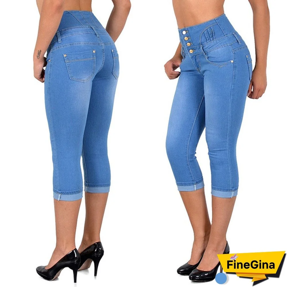 Plus Size Women's Fashion Summer Slim Fit Capri Jeans High Waist 3/4 Jeans Denim Shorts Women Package Hip Short Pants S-5XL