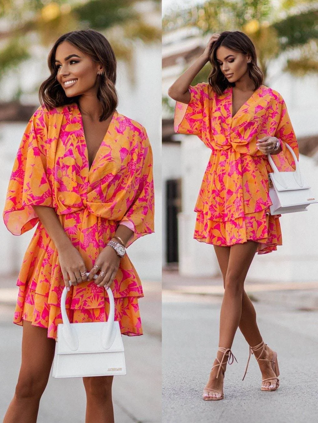 Brownm Fashionable Mid Skirt Printed Wave Sleeve Dress