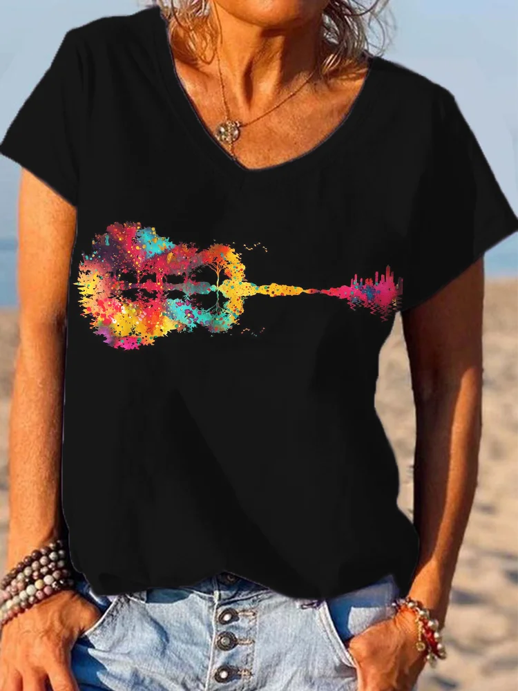 Comstylish Colorful Guitar Art V Neck Casual T Shirt