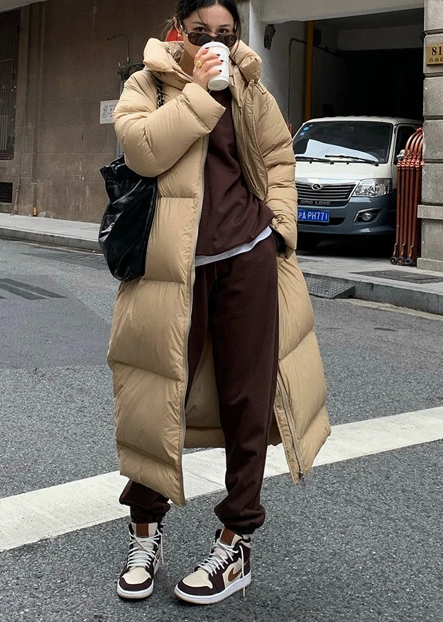 Fashion Khaki Zippered Pockets Hooded Duck Down Puffer Coat Winter