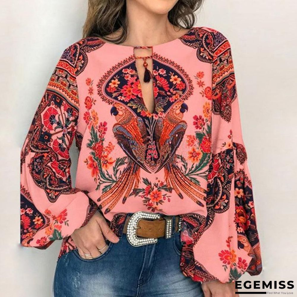 5XL Boho Floral Print Lantern Sleeve Shirt Sexy Lace-up Tassel O Neck Women Tops Blouse | EGEMISS