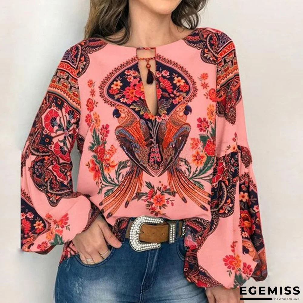 5XL Boho Floral Print Lantern Sleeve Shirt Sexy Lace-up Tassel O Neck Women Tops Blouse | EGEMISS