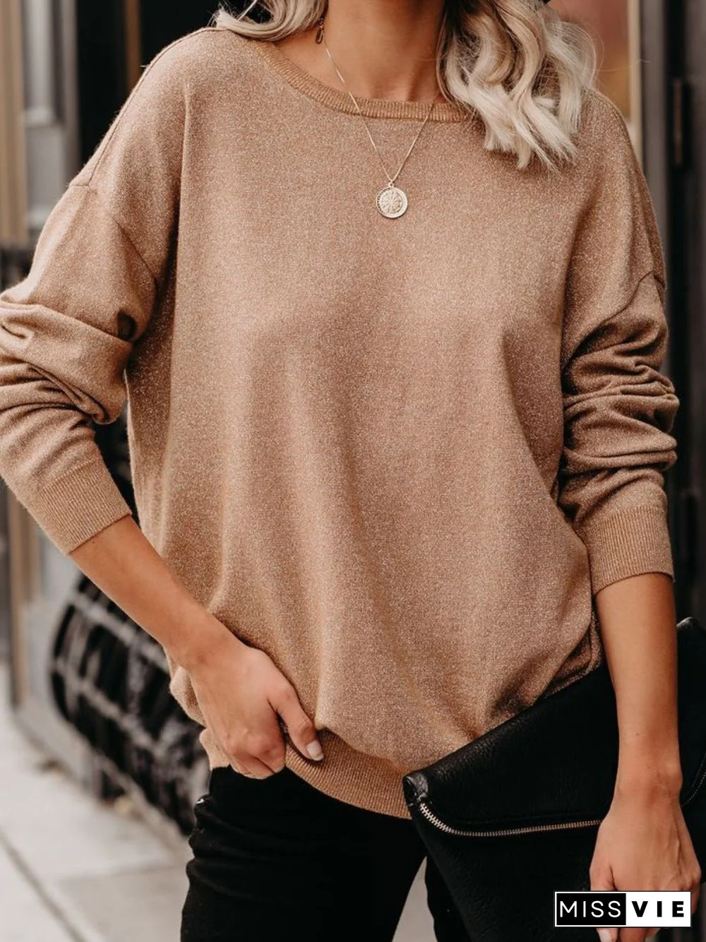 Khaki Long Sleeve Cotton-Blend Round Neck Solid Sweater