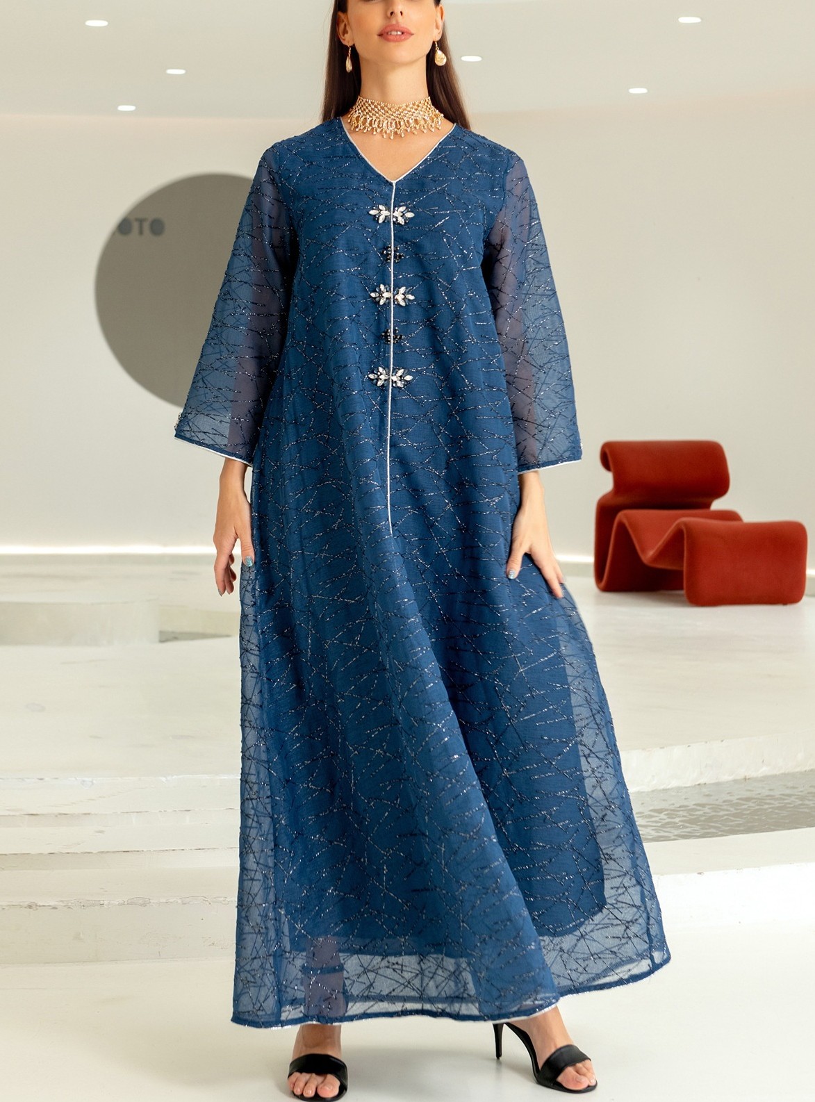 Women's Mesh Breathable V Neck Long Sleeve Elegant Dress | Oxredo Shop Ramadan Sale