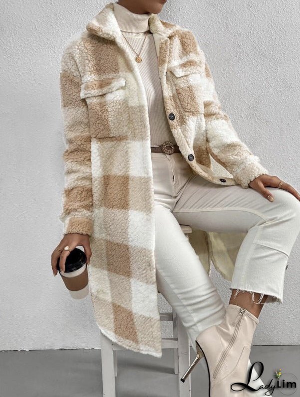 Autumn and Winter Open Buckle Lapel Plush Plaid Coat Loose Commuter Long Coat