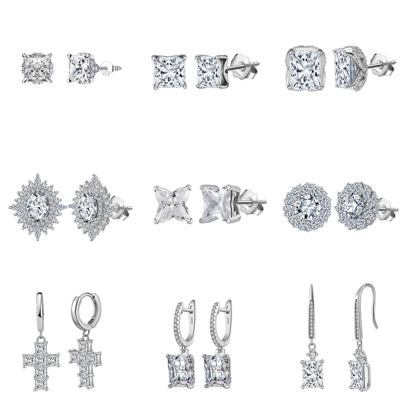 White Gold Plated Silver Plated 925 Sterling Silver Zircon 925 Sterling Silver Earrings Round Heart Shape Rhombus Earrings