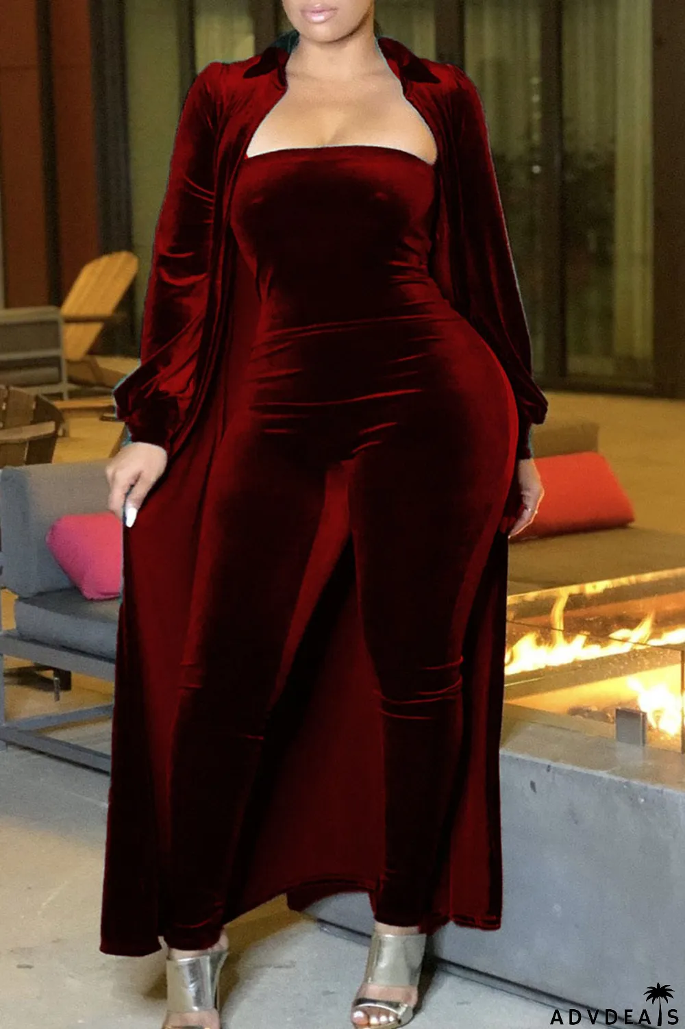 Red Casual Solid Peter Pan Collar Long Sleeve Two Pieces