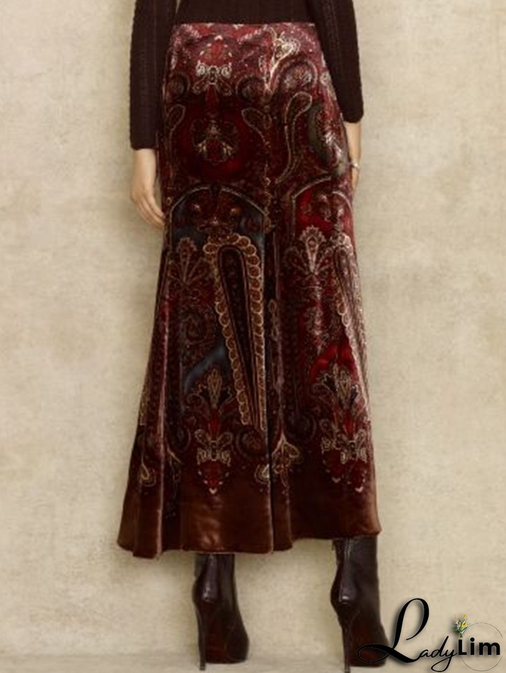 Daily Vintage Floral Jacquard Velvet Midi Skirt