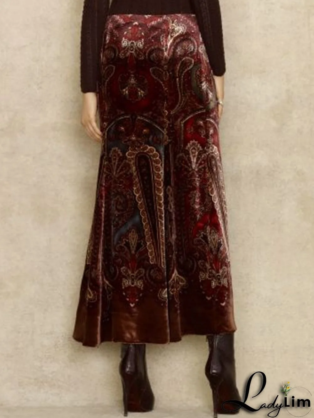 Daily Vintage Floral Jacquard Velvet Midi Skirt