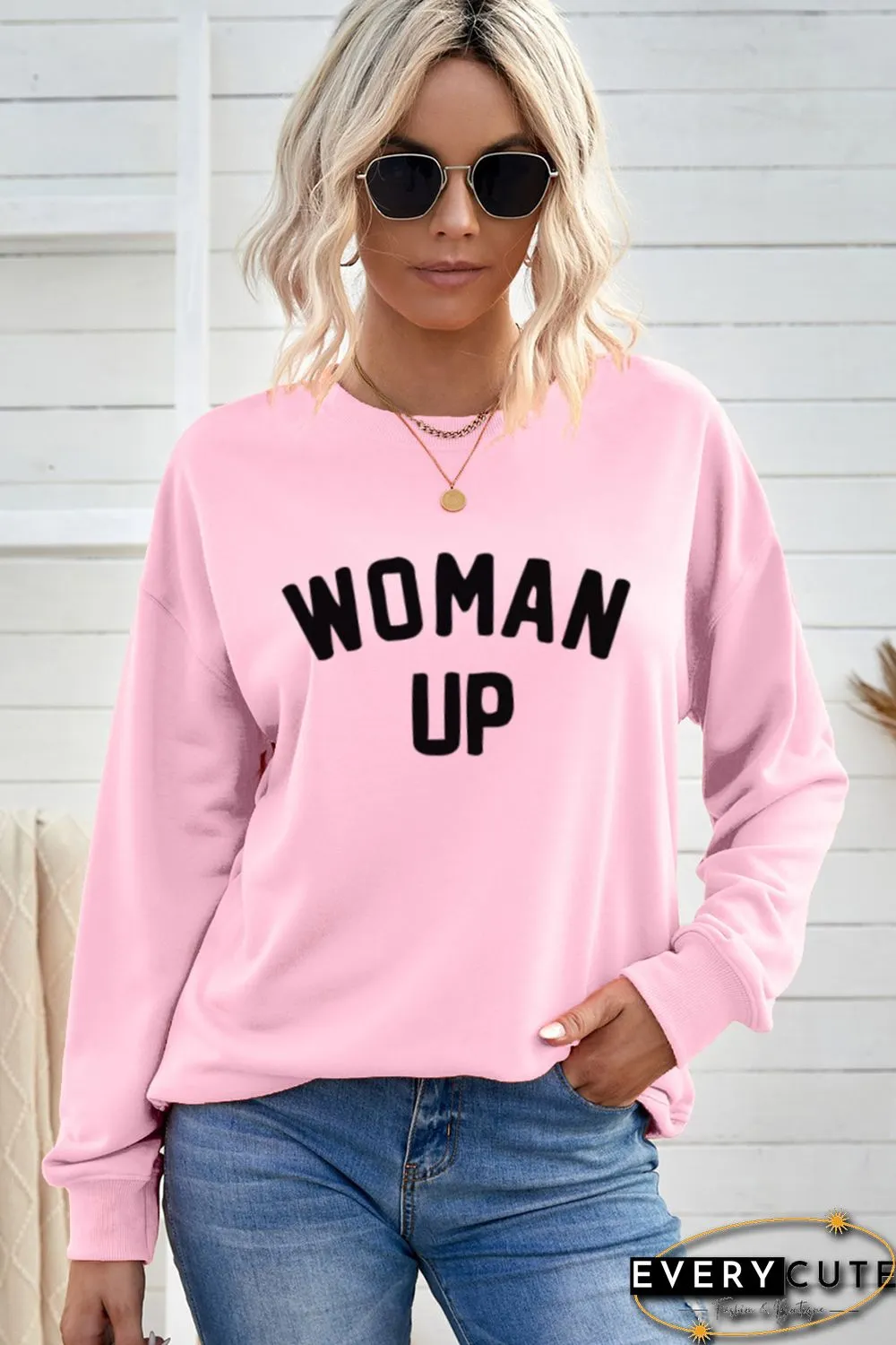 Pink WOMAN UP Drop Sleeve Crewneck Pullover Sweatshirt