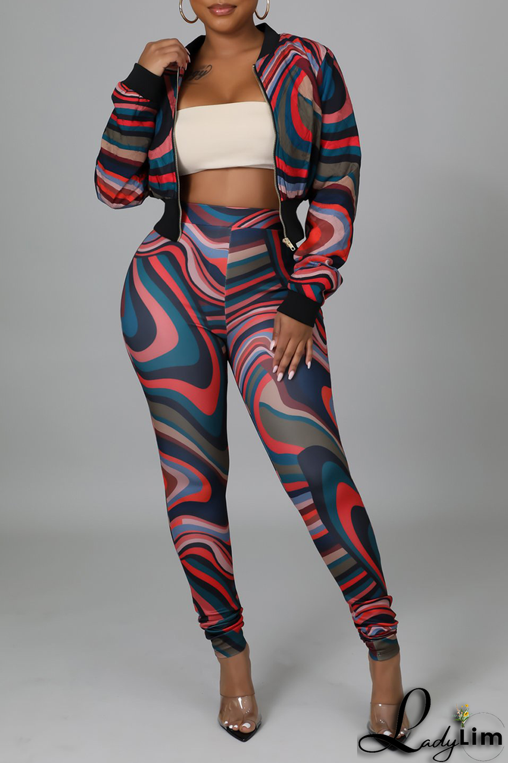 Colour Sexy Print Split Joint Zipper Collar Long Sleeve Two Pieces