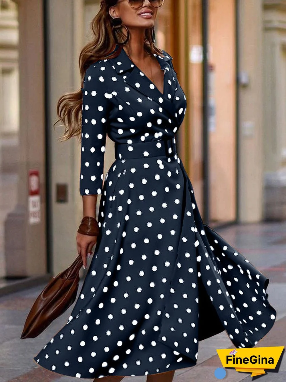 Polka Dot Turndown Collar Belted Maxi Dress