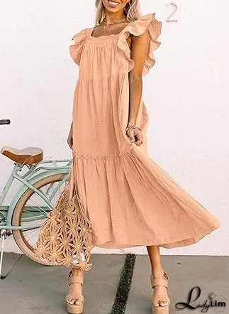 Square Collar Off-the-Shoulder Pleated Dress for Women