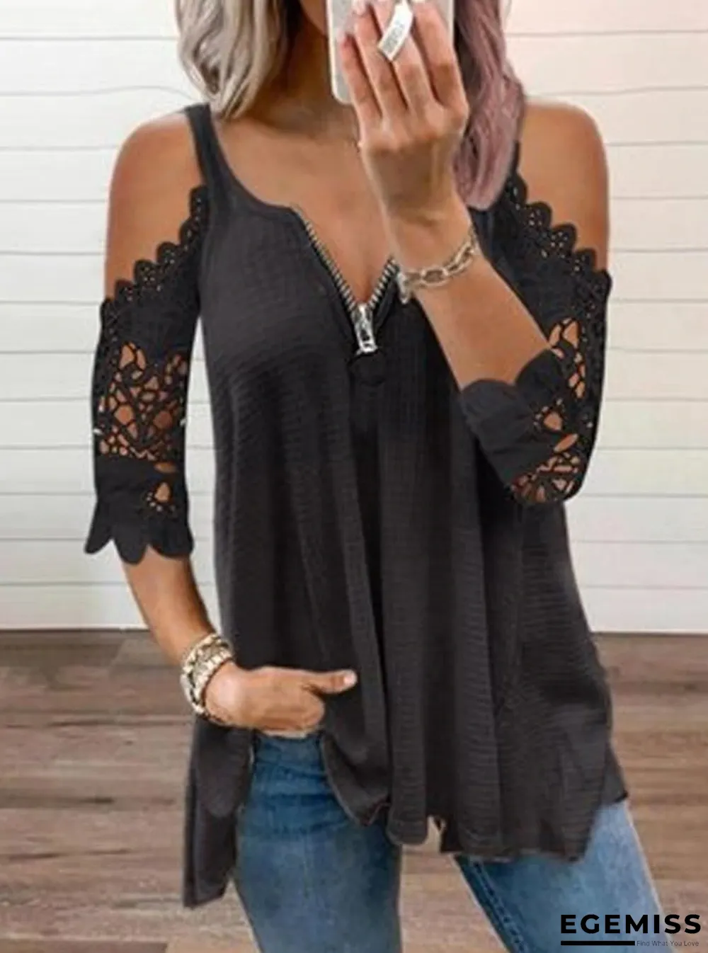 Fashion Lace Stitching Solid Color V-neck T-shirt | EGEMISS