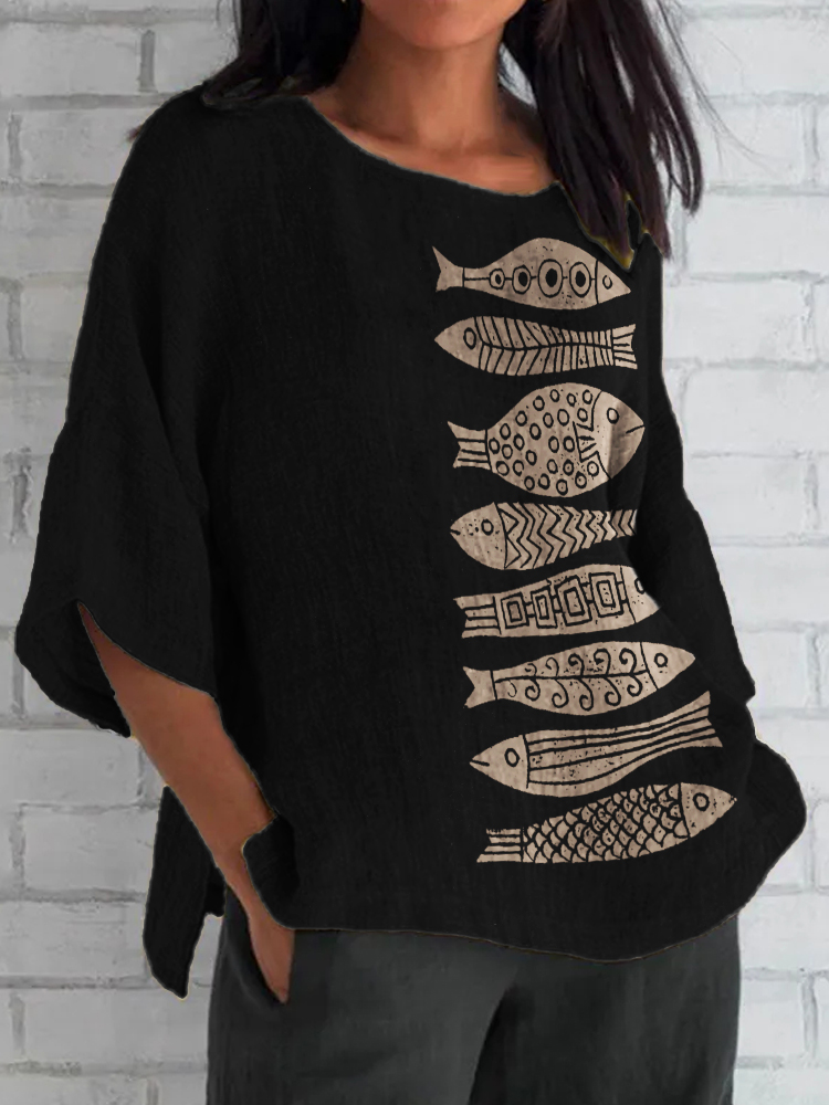 Comstylish Fish Japanese Lino Art Flowy Linen Blend Tunic