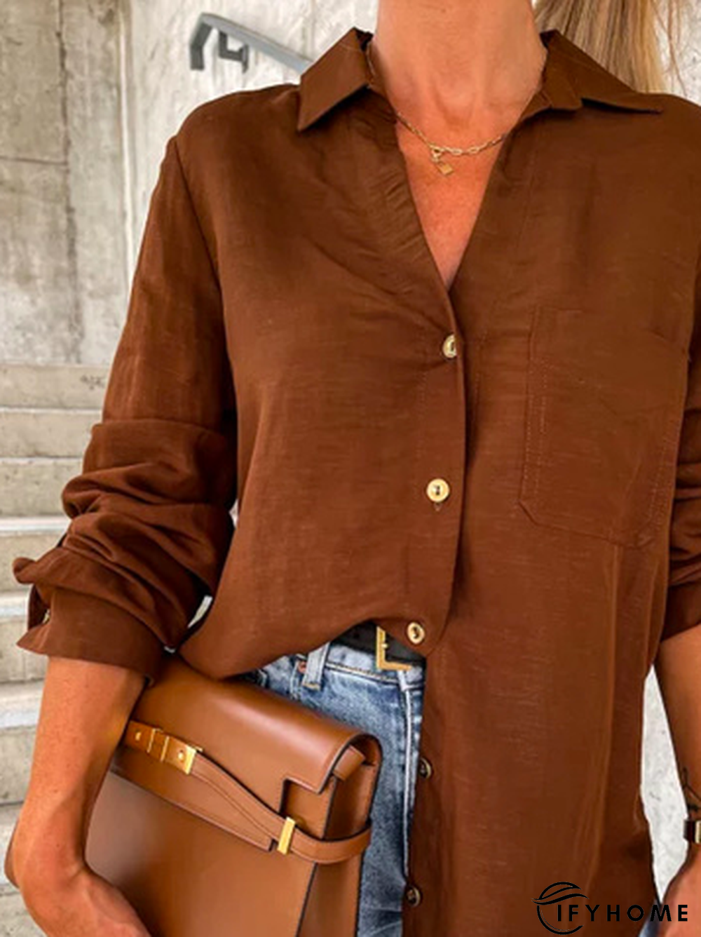 Casual Plain Autumn Micro-Elasticity Loose Long sleeve H-Line Regular Shirt Collar Blouse for Women | IFYHOME