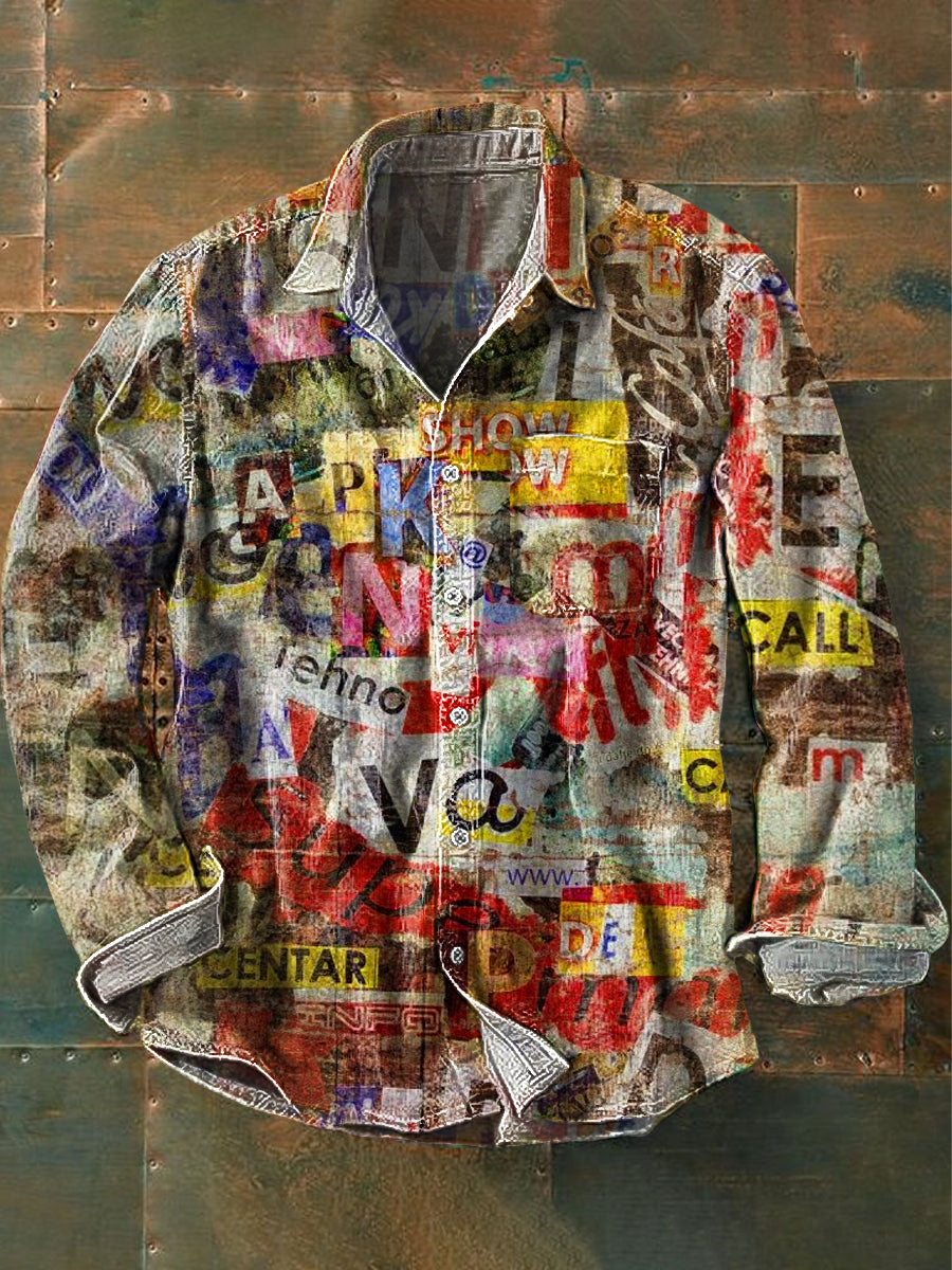Men's Vintage Newspaper Clip Art Print Long Sleeve Pocket Shirt