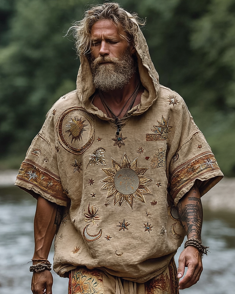 Men's star and moon embroidered hooded sweatshirt 8277