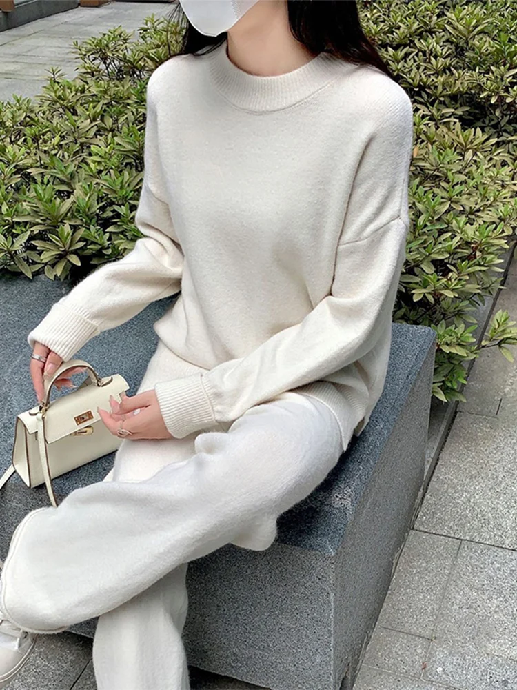 Toloer Fashion Knitted Two Piece Sets Solid Long Sleeve O-Neck Split Pullover And Straight Pants Suit Women Casual Loose Outfits