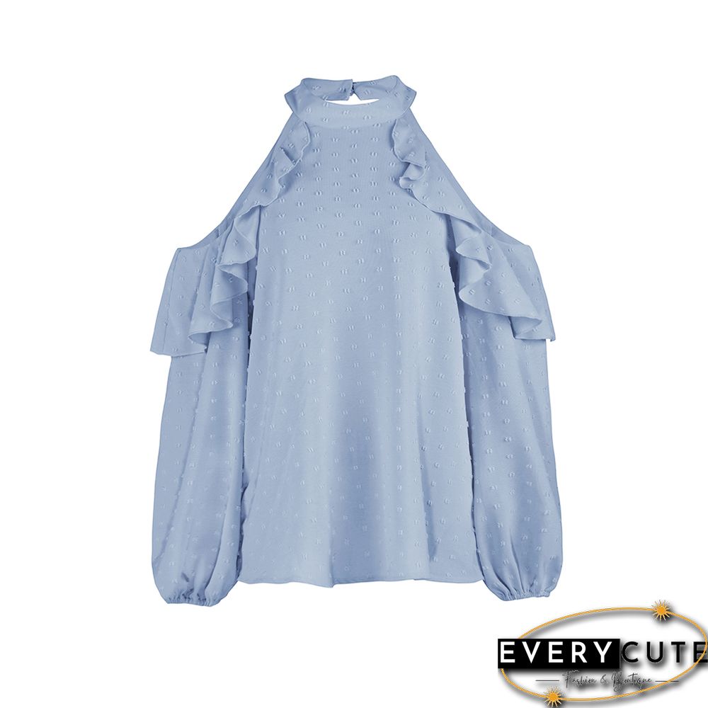 Light Blue Ruffle Cold Shoulder Long Sleeve Tops