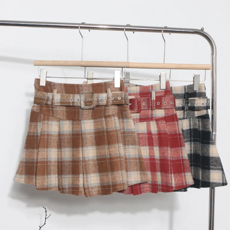 Uveng S-2XL With Belt ~ Lattice Hair Of The Hundred Folded Skirt High Waist Anti-Light Small A-Word Skirt 8382