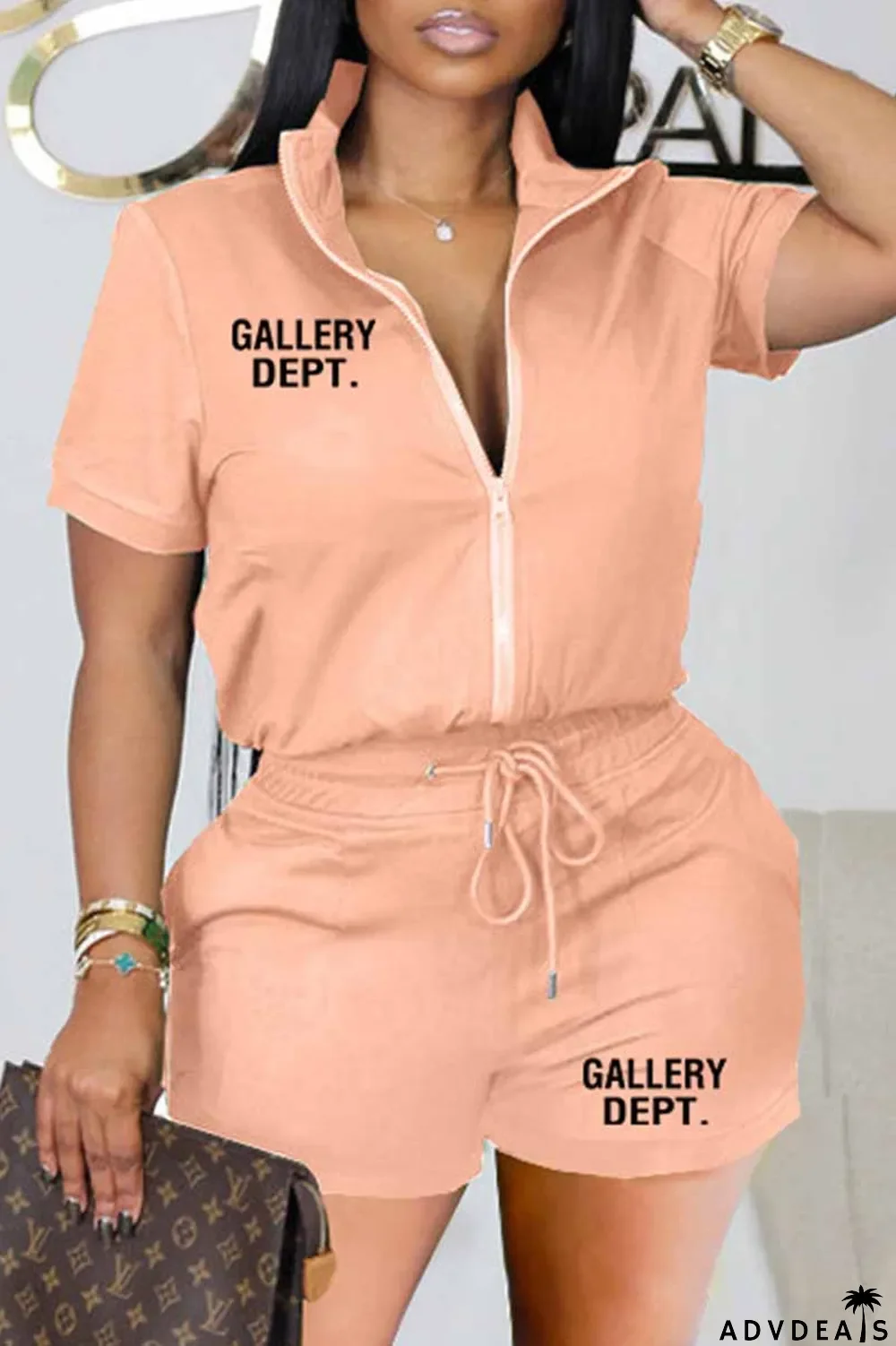 Black Casual Print Letter Zipper Collar Short Sleeve Two Pieces