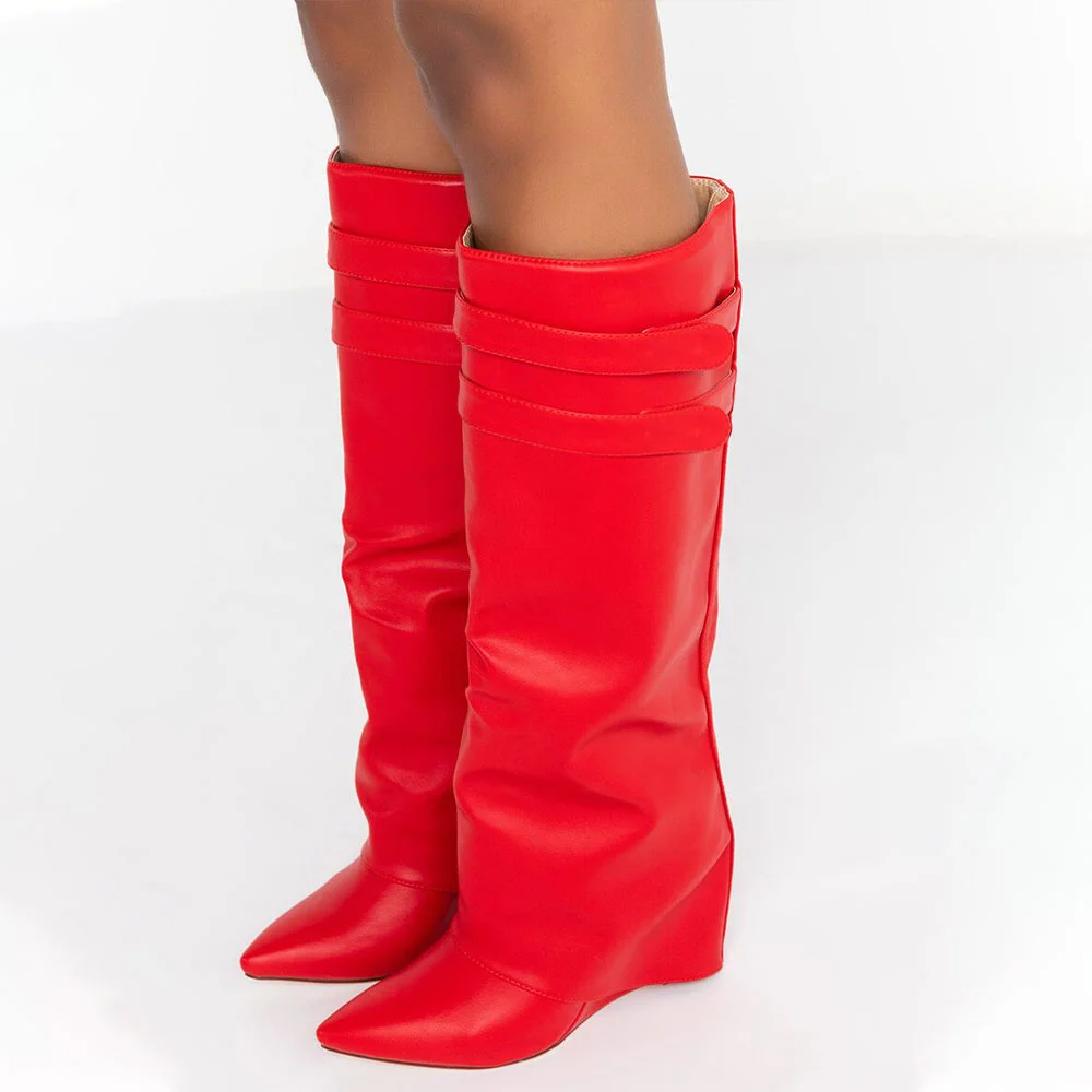 Red Pointed Toe Chunky Heel Ankle Boots