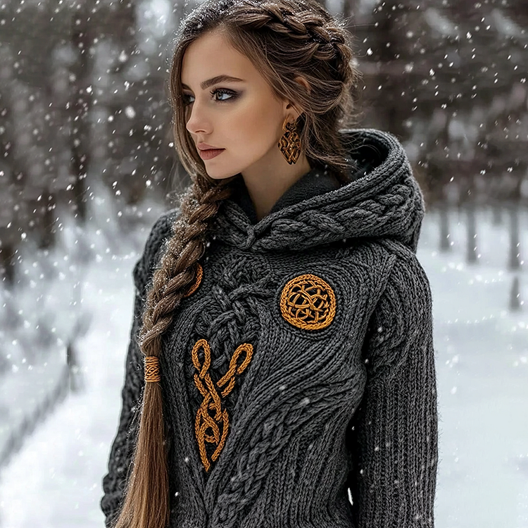 VChics Women's Viking Celtic Pattern Cozy Hooded Sweater