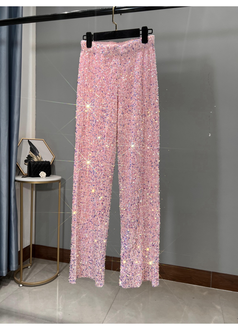 Ootddress Casual Sequin For Women Straight Legg Trousers High Waist Glitter Streetwear Fashion Solid Slim Wide Leg Women's Y2K Pants