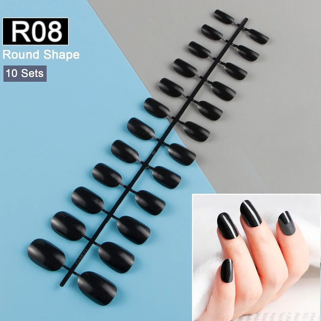 10 Sets/Pack Mixed Solid Colors Coffin Round Square Almond Shape False Nails Full Cover Nail Tips Short Fake Nails Tip Manicure-Nail Inspo