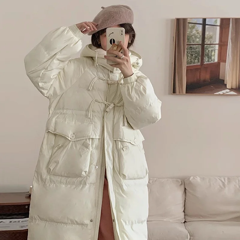 Woherb Korean Sweet Bamboo Buckle Down Jacket Female Long 2024 Winter New Hat Over The Knee Thick Warm Coat-Outfit Ideas