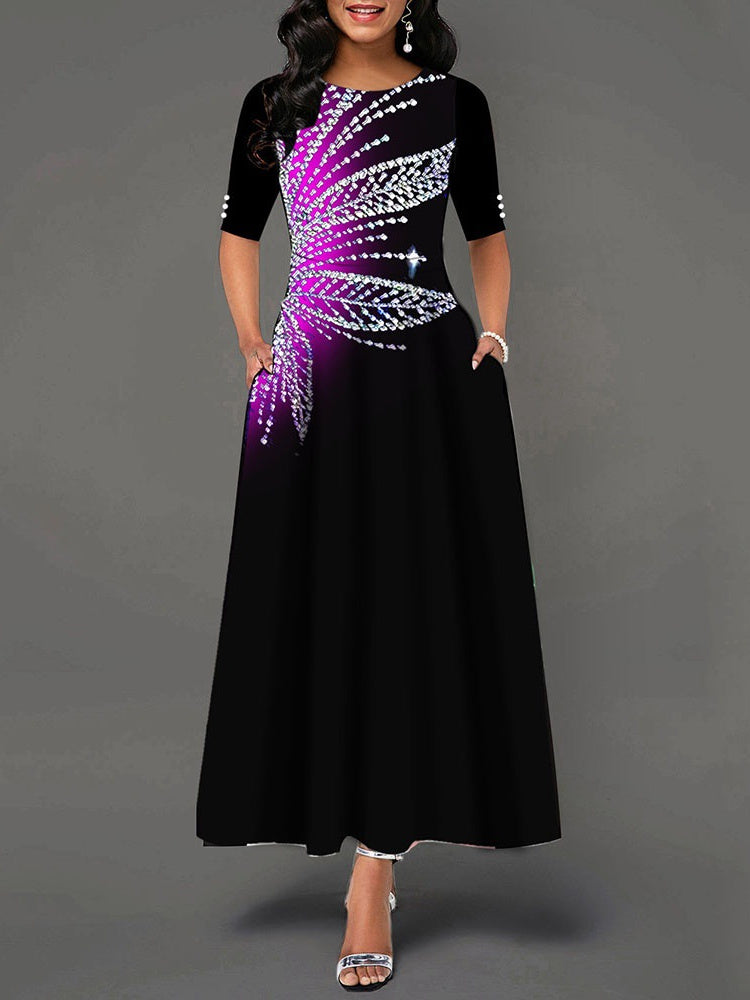 Women's Half Sleeve Scoop Neck Graphic Maxi Dress