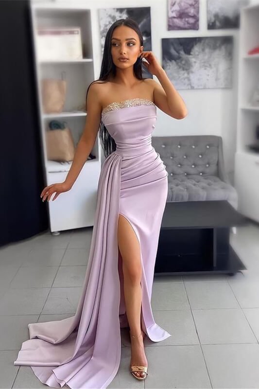 Elegant Lavender evening dress Off-the-shoulder Sleeveless Pleated with Applique Slit