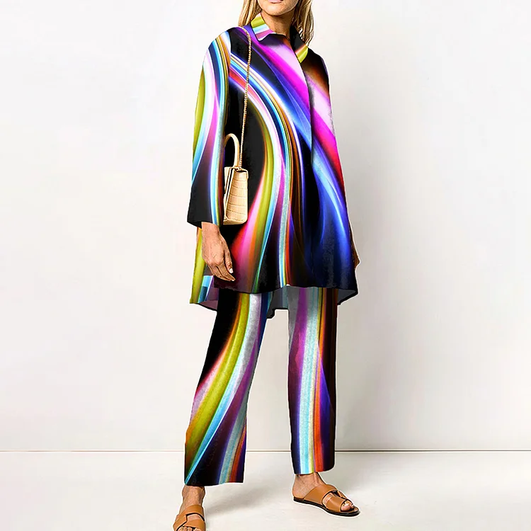 Lapel Color Stripe Print Two Piece Set