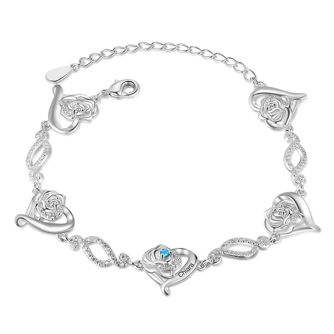 Personalized Heart Rose Bracelet Custom 1 Birthstone and Name Women Bracelet