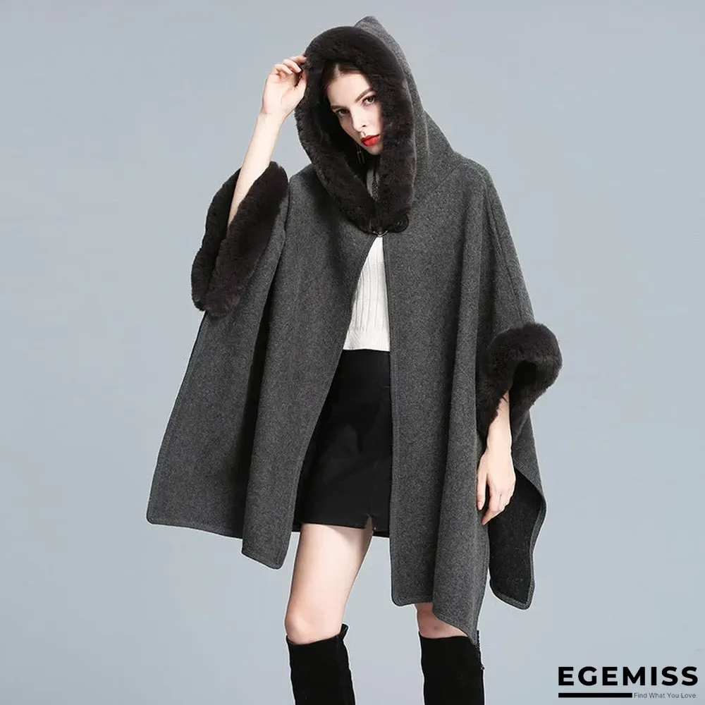 Autumn and Winter Fur Collar Hooded Shawl Cloak Large Size Woolen Coat Loose Cardigan Women | EGEMISS