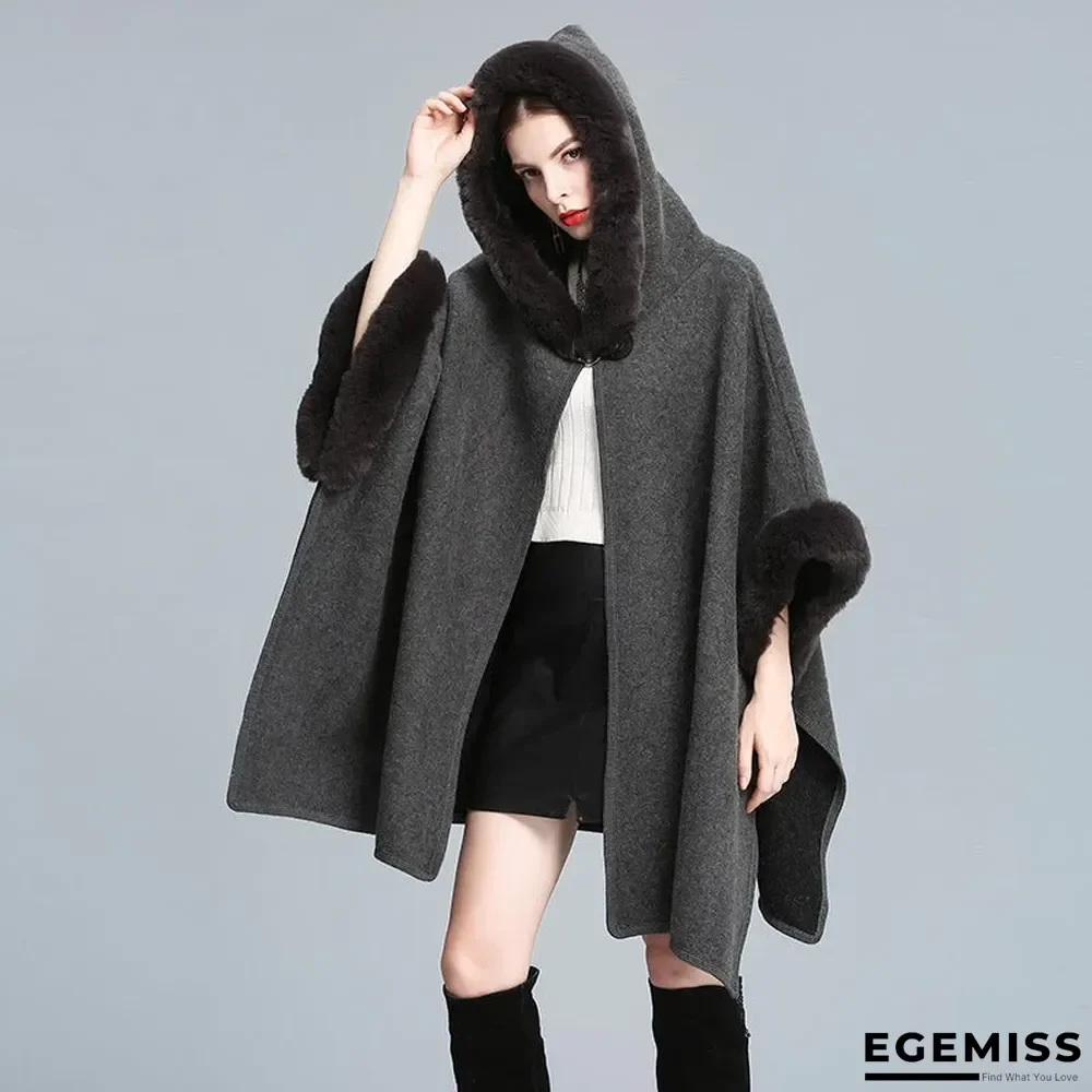 Autumn and Winter Fur Collar Hooded Shawl Cloak Large Size Woolen Coat Loose Cardigan Women | EGEMISS