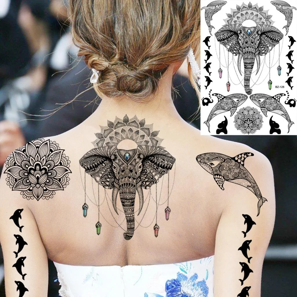 Sdrawing Large Rose FLower Temporary Tattoos For Women Adults Henna Skull Compass Snake Flower Fake Tattoo Sticker Leg Tatoos Thigh