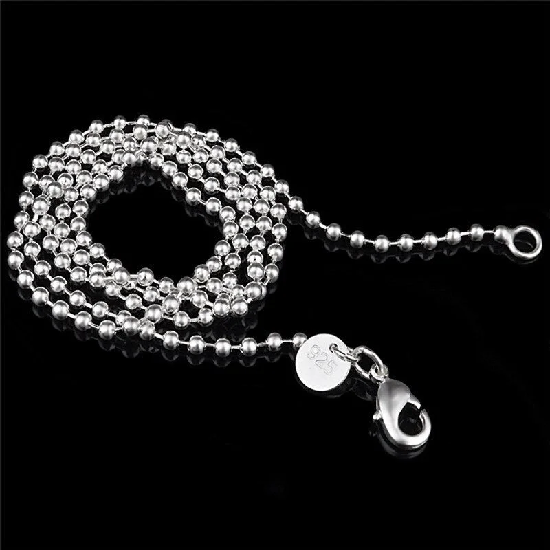 Elegant Round Ball Beads Silver Plated 2.4mm Chain 16"-24" Necklace Connector Men Women Necklace Pendant