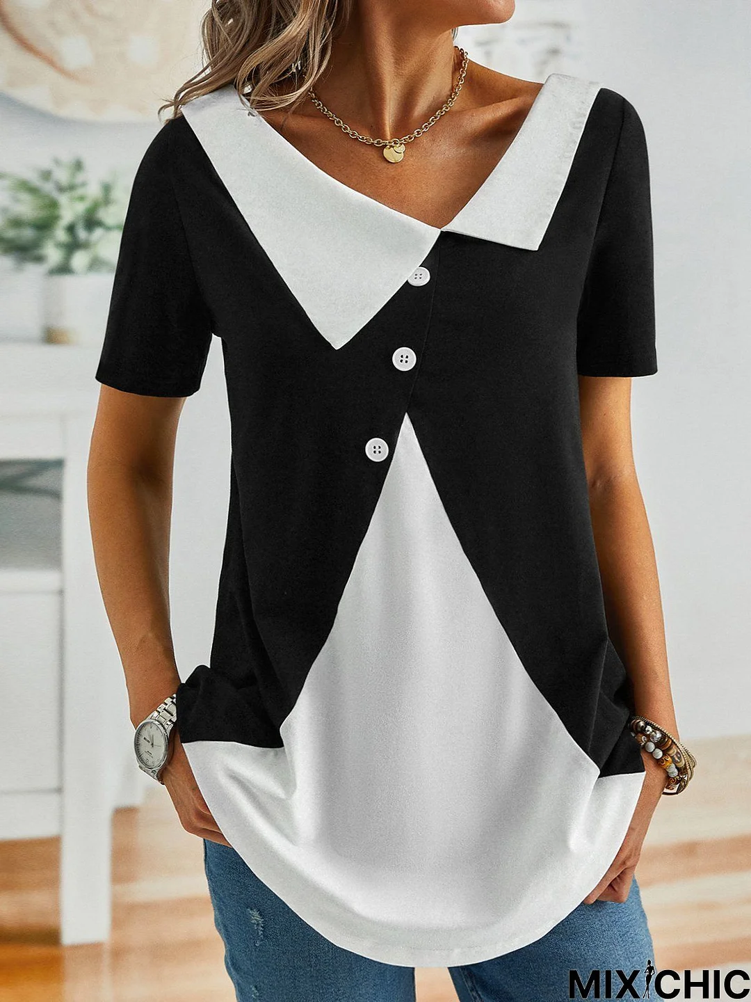 Loose Plain Shawl Collar Tunic T-Shirt