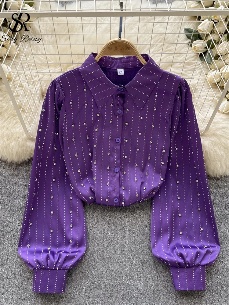 Huibahe Autumn Senior Vintage Shirt 2024 Fashion Lantern Sleeve Loose Beading Design Top Women Lapel Streetwear Diamons Blouse